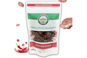 BERLINER MANDELMANUFAKTUR 1x200g Gebrannte Mandeln mit Chili Geschmack, Vegan, Original Kirmes Mandeln, Gebrannte Nüsse, vegane Süßigkeiten, Chili Mandeln, Süßigkeiten Weihnachten, spanische Largueta Mandeln