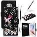 Produktbild GrandEver Samsung Galaxy S6 Glitzer Strass Hülle Leder Handyhülle mit Handschlaufe Tasche Bling Schutzhülle Lederhülle Scratch Schale Umschlag Stil Wallet Flip Case Cover mit Weiche Silikon Backcover Innere Standfunktion Kreditkarte Slots Magnetverschluss Etui und Schwarz Stylus Pen - Schwarz