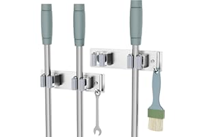 SHYOSUCCE Broom Mop Holder, Stainless Steel Broom Storage with Racks and Hooks, Broom Holder Wall Mounted for Kitchen, Bathroom, Garage, Garden (Grey, 1 hook and 2 Racks)