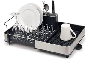 Joseph Joseph Séchoir à Vaisselle Extensible en Acier avec Compartiment à Couverts Amovible, Bec D'Égouttage Pivotant - Gris/Acier