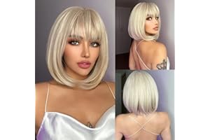 QIHANG Perruque Courte Blond Clair avec Frange 12 Pouces Bob Longueur d'épaule résistant à la chaleur cheveux synthétiques droits perruque pour Femmes plusieurs scènes