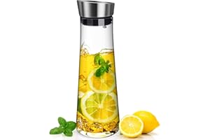 Carafe Eau, Csuntikulo Carafe en verre de 1000 ml, Cruche en Verre avec Capuchons de filtre en acier inoxydable pour Thé Glacé, Boisson, Eau Chaude, Vin, Café, Lait et Jus, Transparent