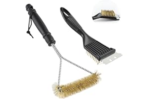 Fyfjur Lot de 2 brosses de barbecue en laiton 2 en 1 pour nettoyage en profondeur avec grattoir en acier inoxydable, brosse de barbecue pour grille en fonte, résistante à la chaleur et à la rouille