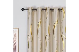 MYRU 2 Panels Set Luxury Striped Blackout Curtains for Bedroom Living Room (Beige and Gold, 2 x 66x84 Inch)