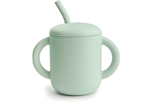 ‎MUSHIE mushie Kubek i słomka do picia ze 100% silikonu, dla małych dzieci, od 6 miesięcy, Cambridge Blue