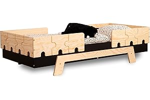 SMARTWOOD Letto bambini PUZZLE BR2, letto montessori bambini con ringhiera, lettino bambino singolo - Nero - 100x200cm