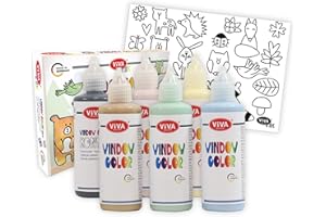 Viva Decor® Window Color Set Nordic Friends (colori nero rosa giallo verde marrone blu 6 x 90 ml) Window Color Set Bambini con 6 colori della finestra modello DIN A3 con 22 motivi Made in Germany