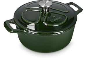 Navaris Cast Iron Casserole Dish with Lid - 24cm Round Dutch Oven Pot with Enamel Coating, 3.5L - Safe for Induction Hob, Oven - Green