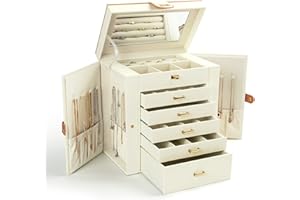 KAMIER Jewelry Box for Women, 6 Tier Layer Large Jewelry Holder Organizer Box with Mirror & 5 Drawers for Rings, Earrings, Necklaces, Bracelets,White