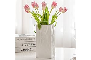 HCLRW Crinkle Paper Bag Vase, Unique Ceramic Decorative Vase, Minimalist Nordic Boho Ins Style for Modern Home Decor, Wedding Dinner Table Party Living Room Office Bedroom, Decorative Gift (Large&White）