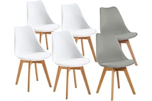 H.J WeDoo Pack de 6 Sillas de Comedor Sillas Cocina Estilo Nórdico con Las Piernas de Madera de Haya y Asiento Tapizado, Blanco + Gris