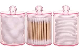 Tbestmax 3 Pack Cotton Swab Ball Pad Holder, 10 Oz Qtip Apothecary Jar Pink Makeup Organizer, Bathroom Containers Dispenser