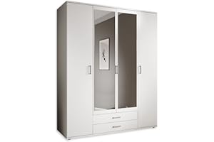 STELLA TRADING KARL, Elegante armadio a 4 ante molto capiente, versatile con ante a battente, bianco con ante a specchio, 160 x 196 x 54 cm, L x A x P