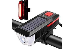 FAY BLESS Éclairage Avant pour Vélo avec Alimentation Solaire Et 3 Modes De Phare LED, Cloche étanche, Recharge USB - Idéal pour Vélos De Route Et VTT (Red)