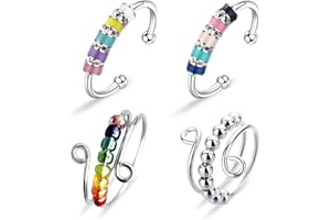 Yeefunjoy 4er Set Silber Fidget Anti-Stress Ringe, Offene Anxiety Ringe mit Perlen, Verstellbare Anti-Stress Ring, Silber