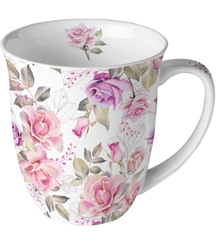 Taza De Café Ambiente 0.4L Rosas Ámbar | Fine Bone China, Apto Lavavajillas, Regalo Clásico
