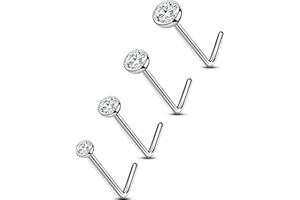 OUFER Body Piercing Solid Titanium Nose Piercing 20G Nose Stud Bone Pin 4pcs Nostril Rings L- Bend Nose Body Piercings Jewellery for Women Men