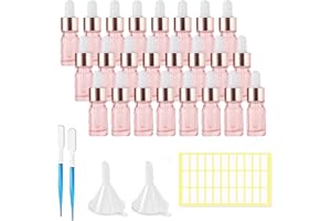 SuQurtom 24Pcs Glass Dropper Bottles, 5ml Pink Glass Dropper Bottles with Dropper Pipettes, Empty Glass Bottles Refillable Sample Container
