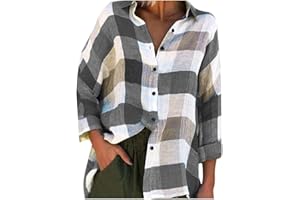 SDERG White Vest Tops for Women, UK Sale Solid Color Blouse Sleeves Loose Women Tops Check Fashion Print with Long Women's Blouse Summer Tops Retro T Shirt