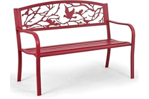KOMFOTTEU Banc de Jardin 2 Places, Banquette de Parc en Métal, Chaise de Parc avec Dossier, Charge de 280/320 kg, pour Balcon, Terrasse (Oiseau, Rouge, 127 x 60 x 88 cm)