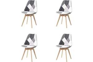 HJhomeheart Set di 4 Sedie da Pranzo in Tessuto Patchwork con Cuscino del Sedile e Gambe in Legno Massello per Sala da Pranzo, Soggiorno, Cucina, ecc. (Grigio Patchwork)