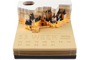 Rppiup Kalendarz 3D 2026, notatnik 3D ze światłem i uchwytem na długopis, kalendarz 3D z odrywanymi kartkami 2026, notatnik kalendarz biurkowy, kreatywne karteczki samoprzylepne Magic Castle, rzeźba