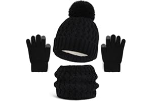 LINSOCLE 3 en 1 Bonnet Enfant Fille, Ensemble Bonnet Echarpe Enfant, Bonnet Enfant Hiver avec Pompon, Tour de Cou Enfant avec Doublure Pour Garcon Enfants 2 à 6 ans