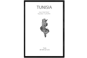 Nacnic Feuille carte de Tunisie. Photos, impressions et affiches pour le salon, la chambre à coucher... Style nordique en noir et blanc. Poster de pays et continents. Format A4 sans cadre.