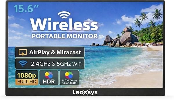 leoXsys 15.6 Inch Wireless Portable Monitor,Full HD 1080P IPS Display,Screen Mirroring via WiFi (Miracast/AirPlay), HDMI/Type-C Support,Compatible with Laptop,A