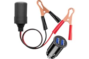 Hoembpn Clip per Batteria Auto a 12V Adattatore per Presa Accendisigari Cavo di Prolunga 18AWG con Clip a Coccodrillo, 12V / 24V Mini Accendisigari Presa Doppia Porta USB Caricabatteria da Auto