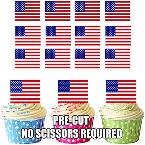 AK GiftshopPRE-CUT USA American Stars & Stripes Flag America - Edible Cupcake Toppers/Cake Decorations (Pack of 12)