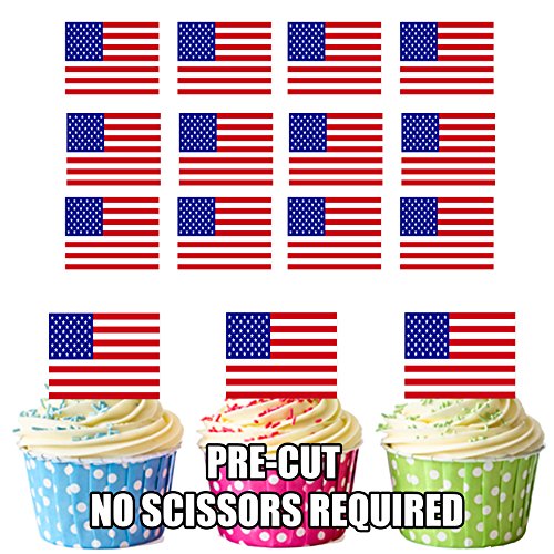 AK GiftshopPRE-CUT USA American Stars & Stripes Flag America - Edible Cupcake Toppers/Cake Decorations (Pack of 12)