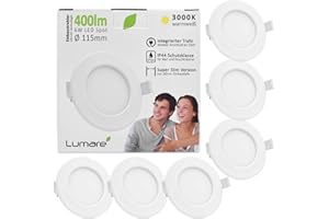 ‎LUMARE Lumare LED Einbaustrahler 6W | IP44 Spritzwasser geschützt| Ultra flach mit 26mm Einbautiefe | Spot für Wohnzimmer, Badezimmer | Einbauleuchten Weiß Rund | Decken Spot Warmweiß 3000K| 6er Set