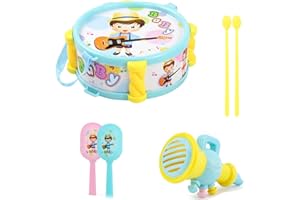 Satiskid 6 Pcs Kids Musical Instruments Set, Kids Drum Set Including Drum, Drum Stick, Sand Hammers and Trumpet, Children Musical Playset Sensory Musical Instrument Toy for Kids Boys Girls Ages 3+