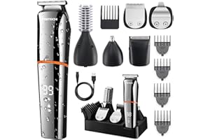 PRITECH Bartschneider, Elektrischer Haarschneider Herren, kabelloser Nasenhaartrimmer Präzisionstrimmer wasserdicht IPX6 Wiederaufladbare LED-Leistungsanzeige 6-in-1-Kit Trimmer Rasierer