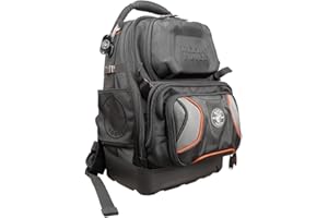 Klein Tools Mochila para herramientas, 48 bolsillos para herramientas manuales, gran electricista, mochila de herramientas resistente 55485, negro con naranja/gris, 19.5 pulgadas