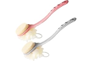 AARAINBOW Bath Body Brush 2 Packs, Back Scrubber Loofah with Long Handle, Exfoliating Shower Brush with Bristles and Loofah, Bath Sponge Massage Bristles for Women Men Elderly (Gray+Pink)