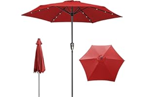 Myiosus Garden Parasol, 3M Patio Umbrella with Crank & 18 LED Lights, 6-rib Garden Canopy for Outdoor, Patio, Beach and Pool, Red