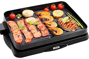 ‎BEZIA Elektrogrill Tischgrill Für Balkon, Kontaktgrill Elektro Barbecue Grill, Mit Digitalem Thermostat Fettschale, Antihaftbeschichtung, Tepaniakygrill Grillplatte,1500W Schwarz BEZIA