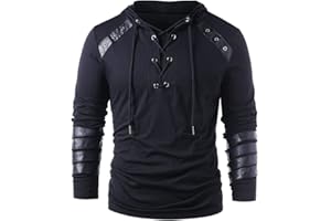 helymore Herren Kordelzug mit Kapuze, Steampunk, Gothic, Sweatshirt, Langarm, für Ritter, mittelalterlicher Pullover, Rüstung, Bandage, Leder, Schwarz