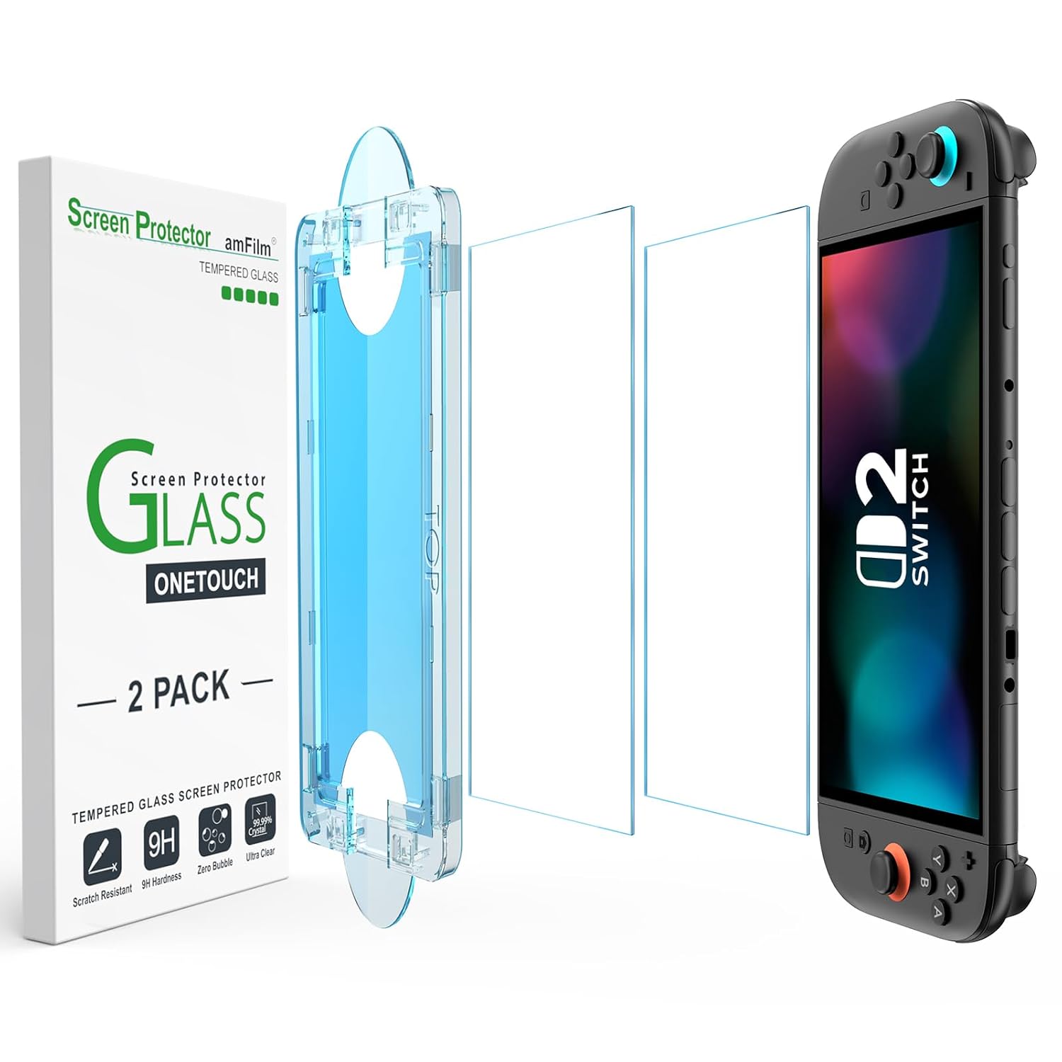 amFilm OneTouch Glass Screen Protector voor Nintendo Switch 2 Model 2025 | 2 Stuks, Automatische Uitlijning, Installatie in 30 Seconden, Krasbestendig, Aanraakgevoelig, Transparant - SWTCH2- 7.9''