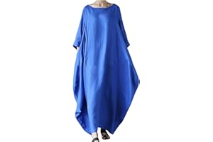 ZEIAYUAS Cotton Linen Dress Maxi Kaftan Dresses for Women UK Plus Size 3/4 Sleeve Long Dress Baggy Casual Summer Shirt Dresses Boho Beach Party Sundress Plain Basic Tunic Dress Office Work