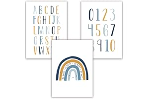 Pandawal Kinderzimmer Deko Bilder 3er Poster Set Baby ABC Zahlen Buchstaben Regenbogen Babyzimmer Junge und Mädchen Senf Blau Grau (R15)