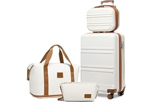 Kono Set de 4 Valises de Voyage Rigide Bagage Cabine 55cm avec Portable Vanity Case et Pliable Sac de Voyage pour Sport avec Trousse de Maquillage, Blanc Crème