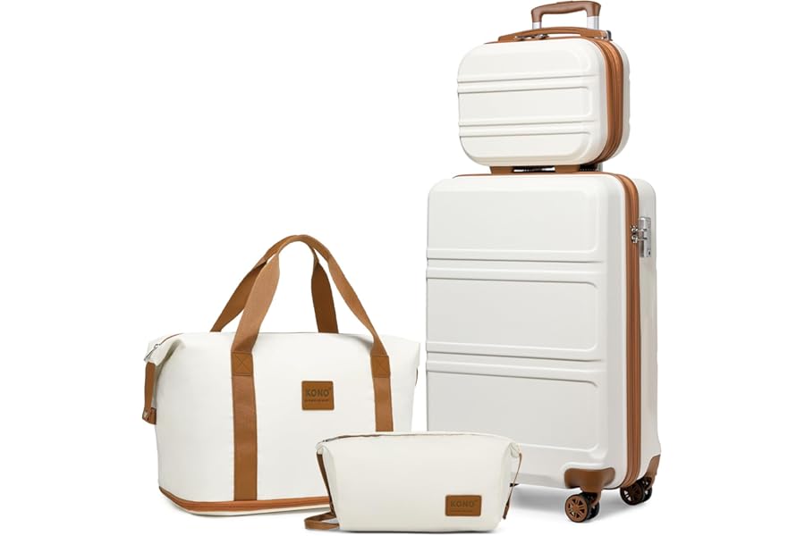 Kono Suitcase Lightweight ABS+PC Hard Shell Carry-Ons Cabin Case 12'' and 20'' Luggage Set with TSA Lock Luggage Sets of 4 Piece Included Duffels Bag & Toiletry Bag for Travel（Cream White）