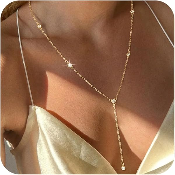 COOLSTEELANDBEYOND Collana Lariat A Y Con Zirconi – Oro, Catena Lunga Regolabile 42-47 Cm, Elegante