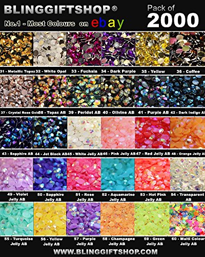 60 Colours Pack of 2000 x Flat Back Rhinestone Diamante Resin Crystal Gems by BlingGiftShop