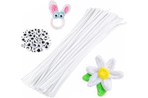 KIMMAX 100 Stück Pfeifenreiniger Weiß Chenilledraht 30cm Bastelset und 100 Wackelaugen für Kinder Basteln und Weihnachten Dekorieren (White)