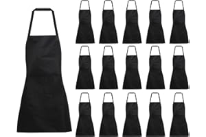 YKUKIZEE 15 Pack Black Chef Aprons with 2 Pockets, Black Aprons Catering, Long Kitchen Apron with Pockets for Cooking Baking Restaurant Women Men