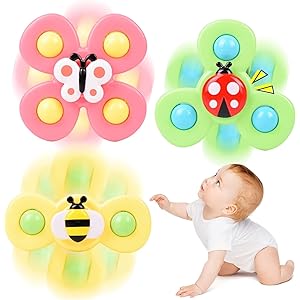 Cable World Baby Spinner Toy for Baby Bath Toys Water Toys for Kids Suction Cup Fidget Spinner Sensory Toddler Infant Flight Travel Toy Stick to Car Window Gift for Kids 3 Pcs ( Insect Design )